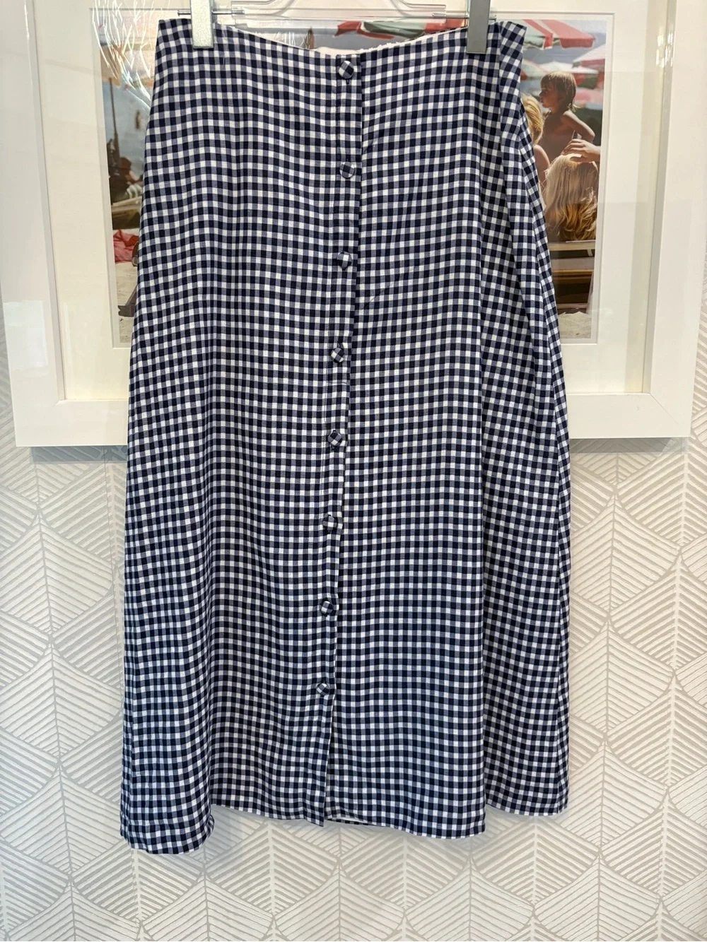 Reformation Navy and White Gingham Button-Front Midi Skirt